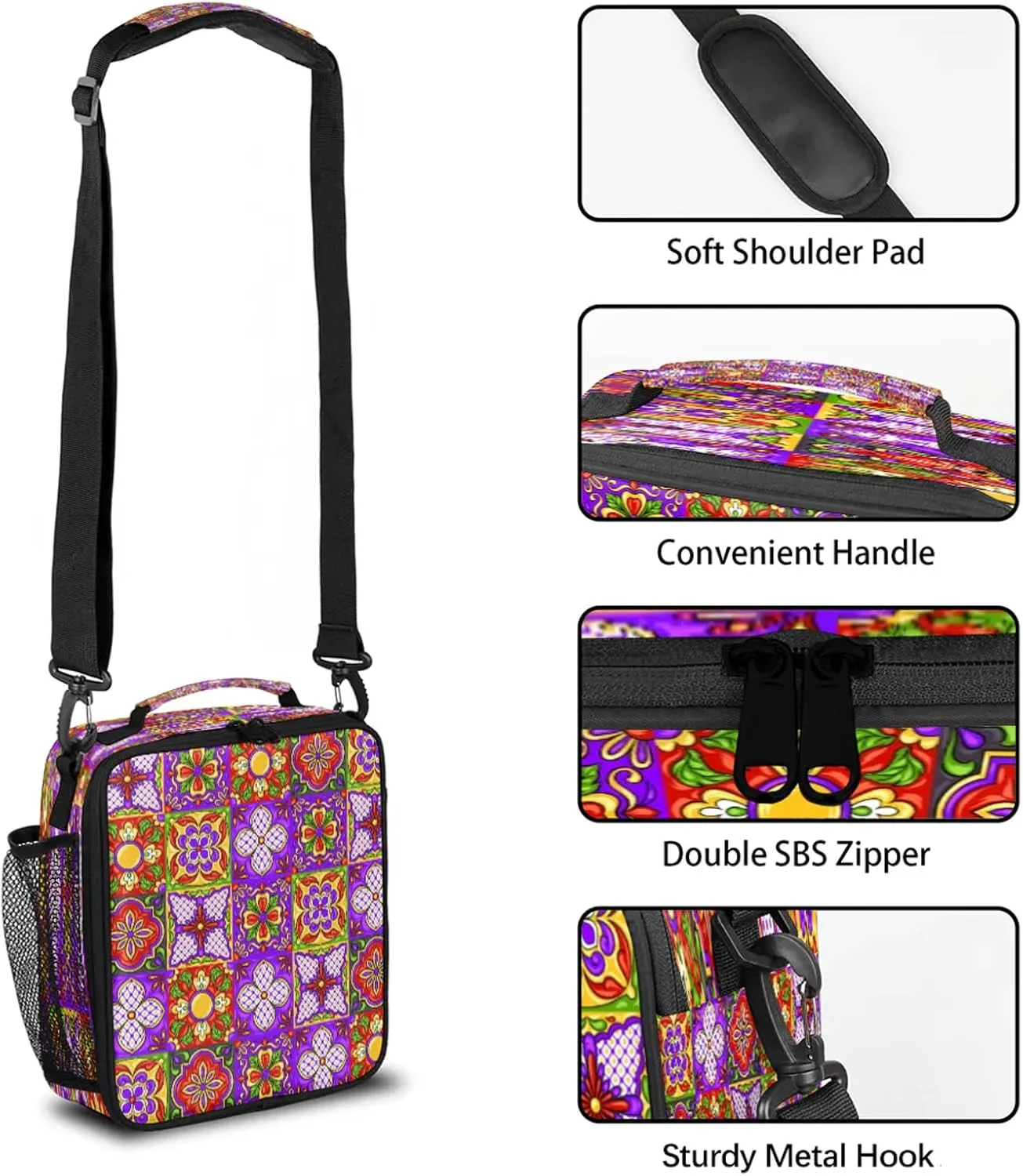 Ethnic Ceramic Tile Pattern Lunch Box Reusable Insulated Lunch Bag with Shoulder Strap Lunch Tote Bag for Teens Students Portable Large Capacity Women Men Work Picnic Camping