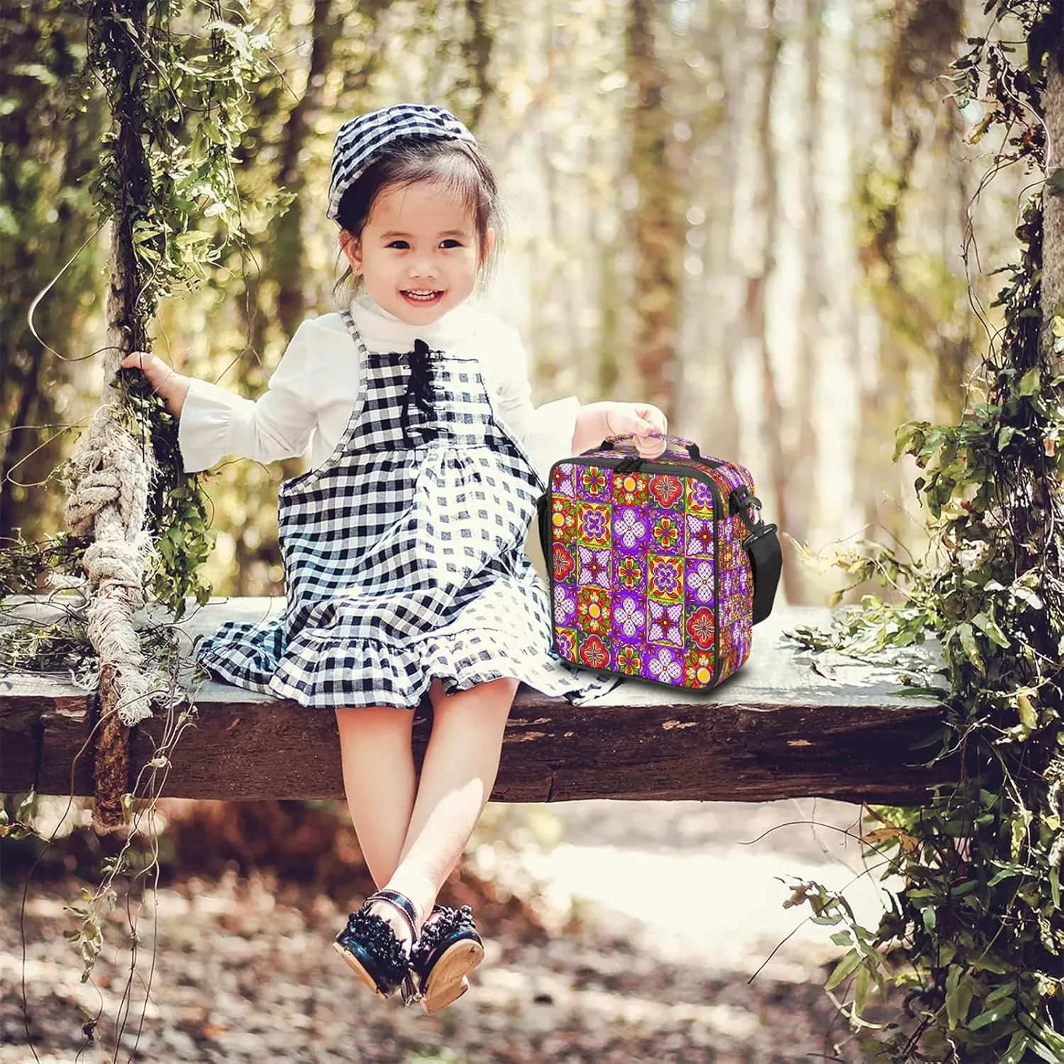Ethnic Ceramic Tile Pattern Lunch Box Reusable Insulated Lunch Bag with Shoulder Strap Lunch Tote Bag for Teens Students Portable Large Capacity Women Men Work Picnic Camping