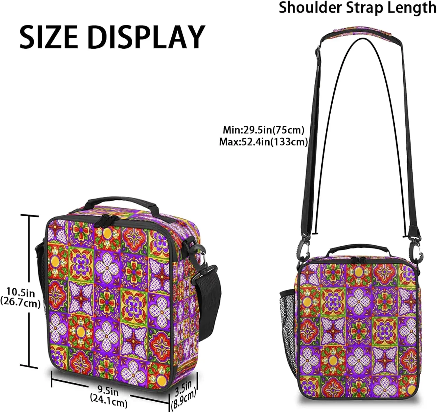 Ethnic Ceramic Tile Pattern Lunch Box Reusable Insulated Lunch Bag with Shoulder Strap Lunch Tote Bag for Teens Students Portable Large Capacity Women Men Work Picnic Camping
