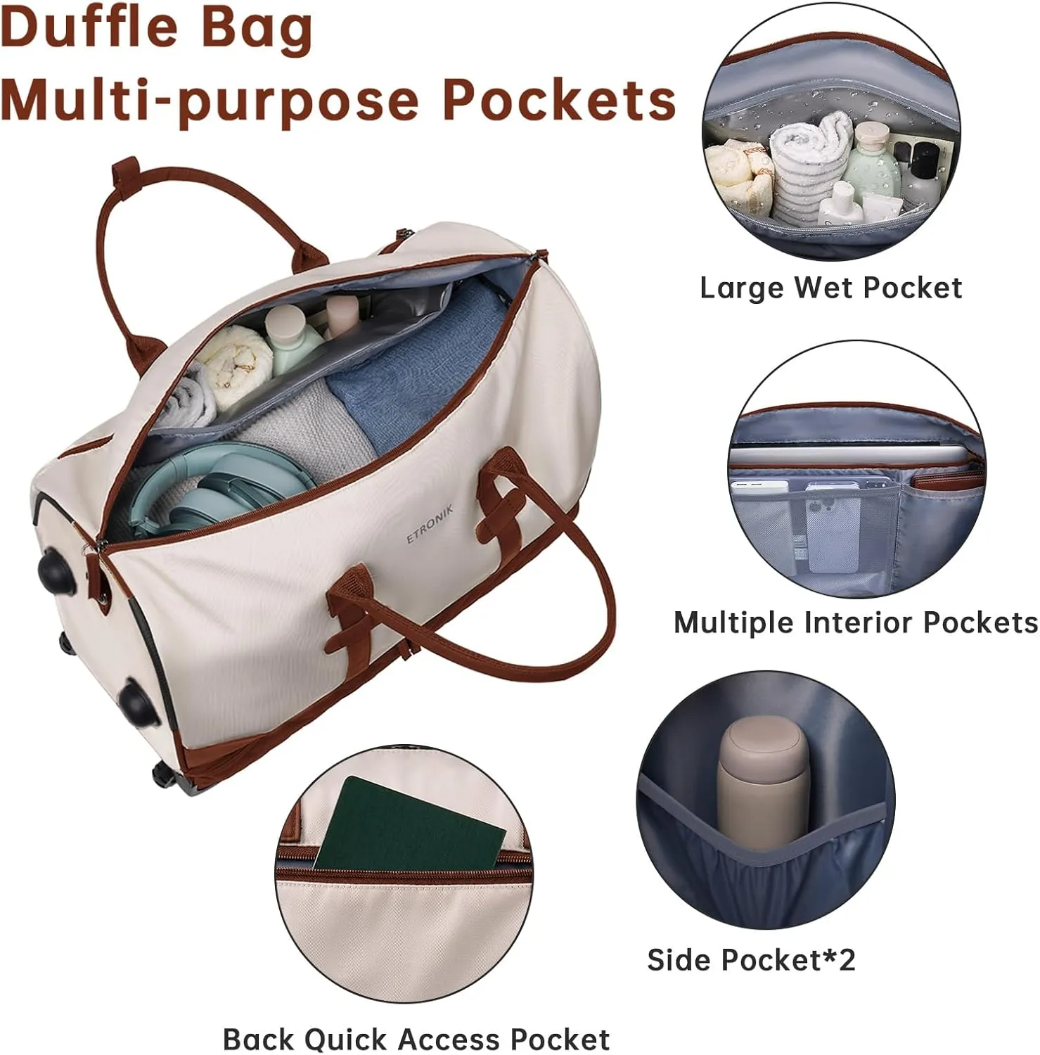 ETRONIK Rolling Duffle Bag with Wheels, 21 Inch Flight Approved Duffle for Travel with Toiletry Bag, Carry on Luggage Travel Bags for Women with Shoe Compartment, Brown