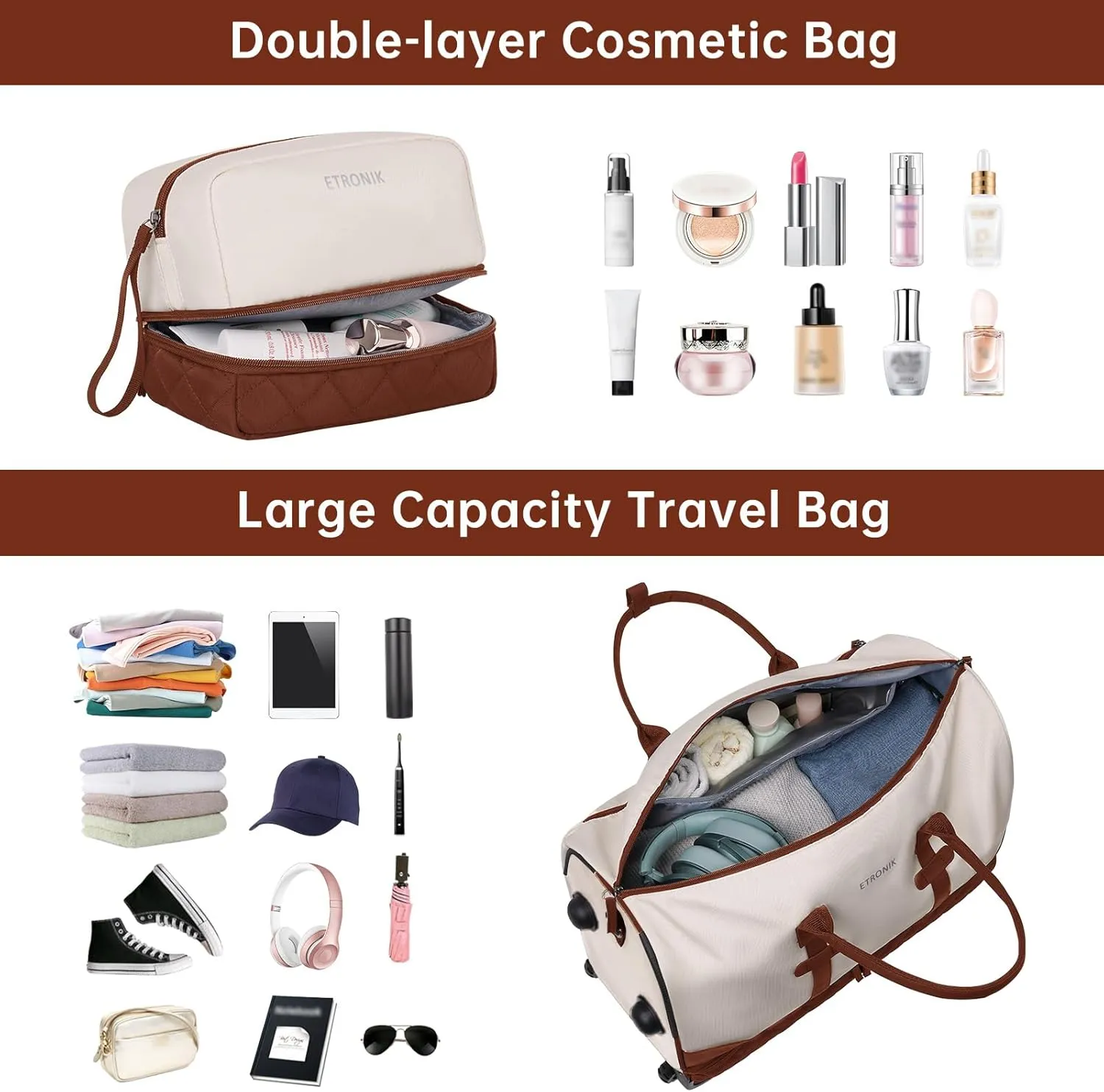 ETRONIK Rolling Duffle Bag with Wheels, 21 Inch Flight Approved Duffle for Travel with Toiletry Bag, Carry on Luggage Travel Bags for Women with Shoe Compartment, Brown