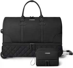 ETRONIK Rolling Duffle with Wheels, 23 Inch Large Carry on Luggage for Women with Shoe Compartment, Duffle Bag for Travel with Toiletry Bag, Black