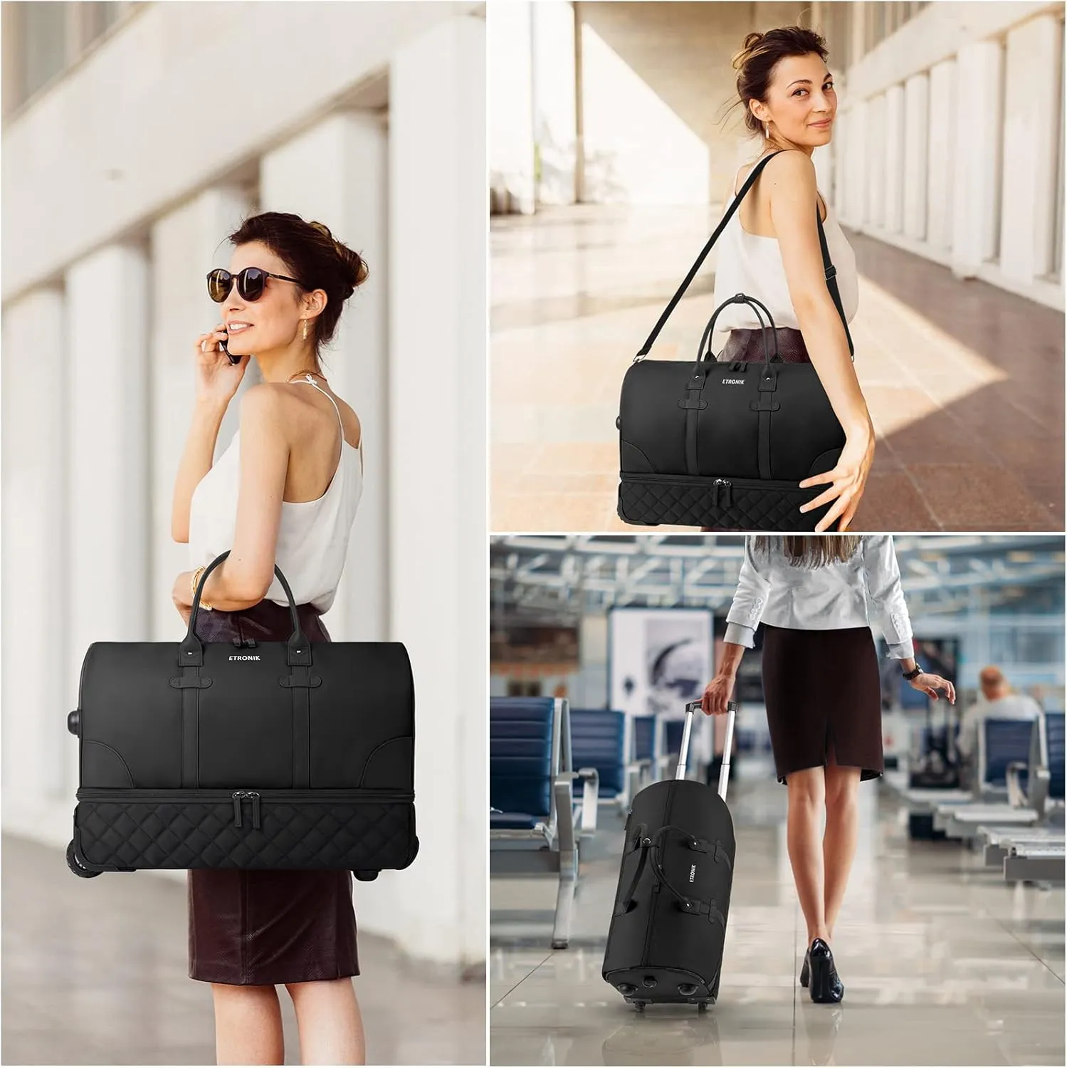 ETRONIK Rolling Duffle with Wheels, 23 Inch Large Carry on Luggage for Women with Shoe Compartment, Duffle Bag for Travel with Toiletry Bag, Black