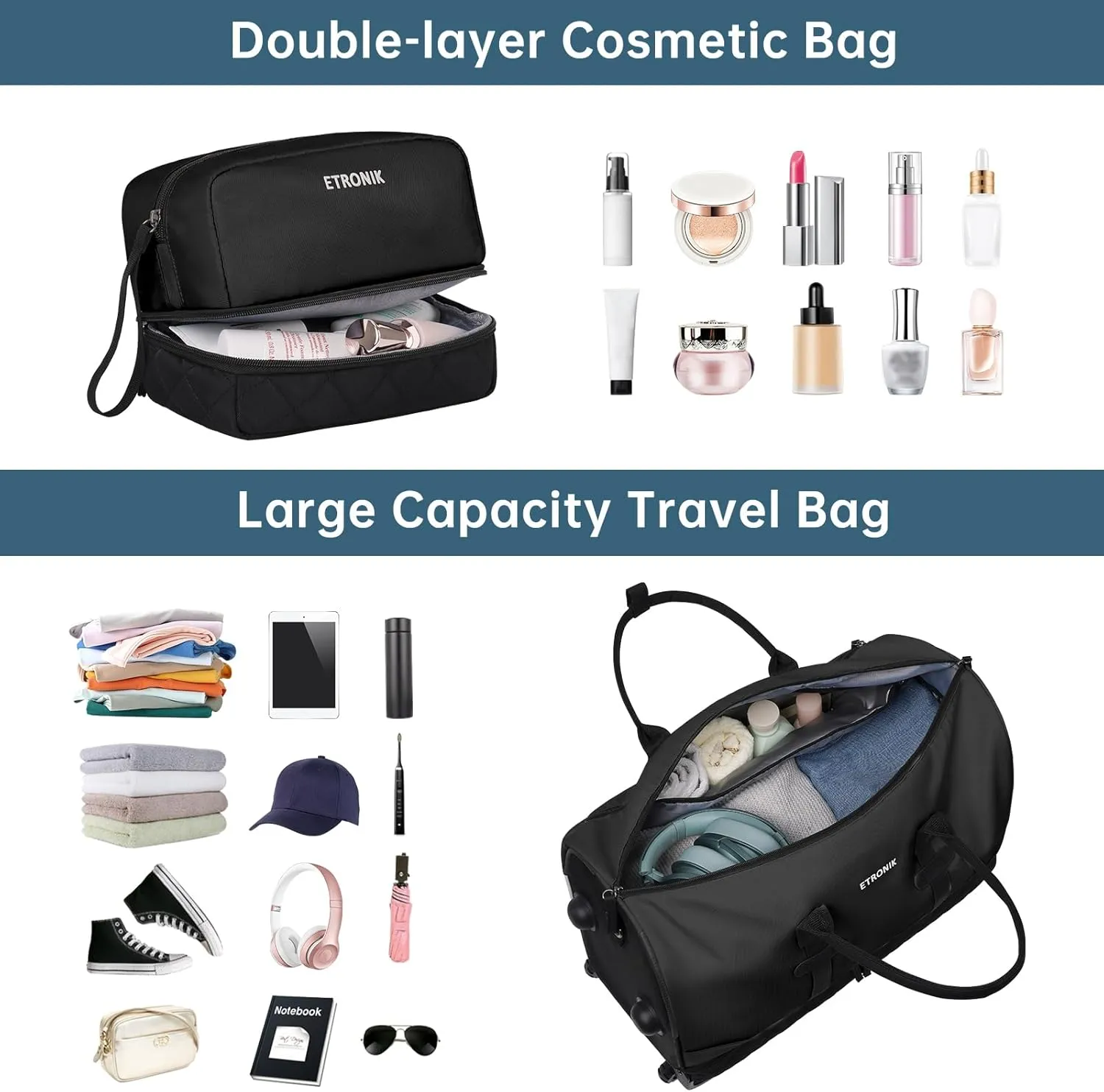 ETRONIK Rolling Duffle with Wheels, 23 Inch Large Carry on Luggage for Women with Shoe Compartment, Duffle Bag for Travel with Toiletry Bag, Black