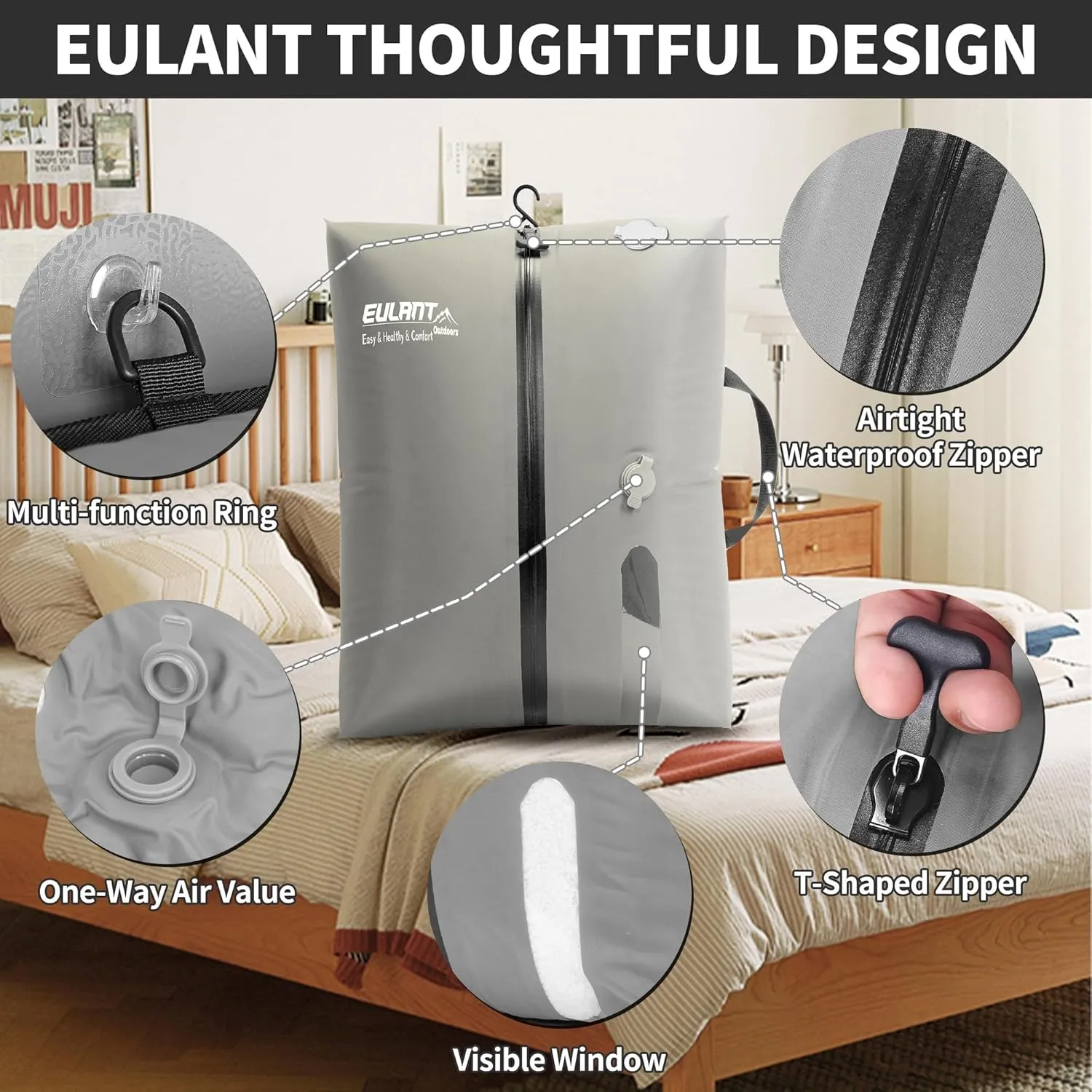 EULANT Reusable Vacuum Bags for Travel,Waterproof Professional IP67 Zipper Reusable Vacuum Compression Bags,Space Saver Bags for Suitcases Backpack(No Pump)