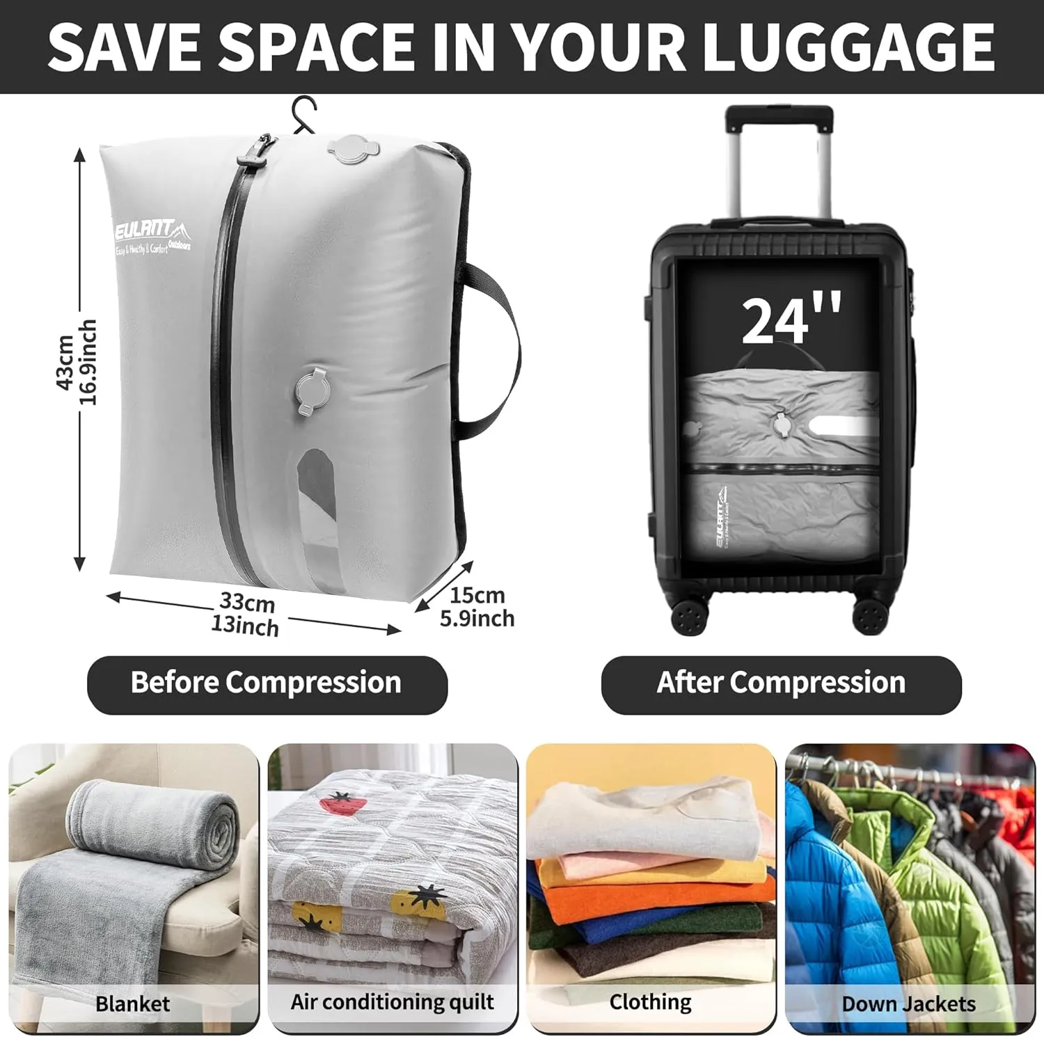 EULANT Reusable Vacuum Bags for Travel,Waterproof Professional IP67 Zipper Reusable Vacuum Compression Bags,Space Saver Bags for Suitcases Backpack(No Pump)