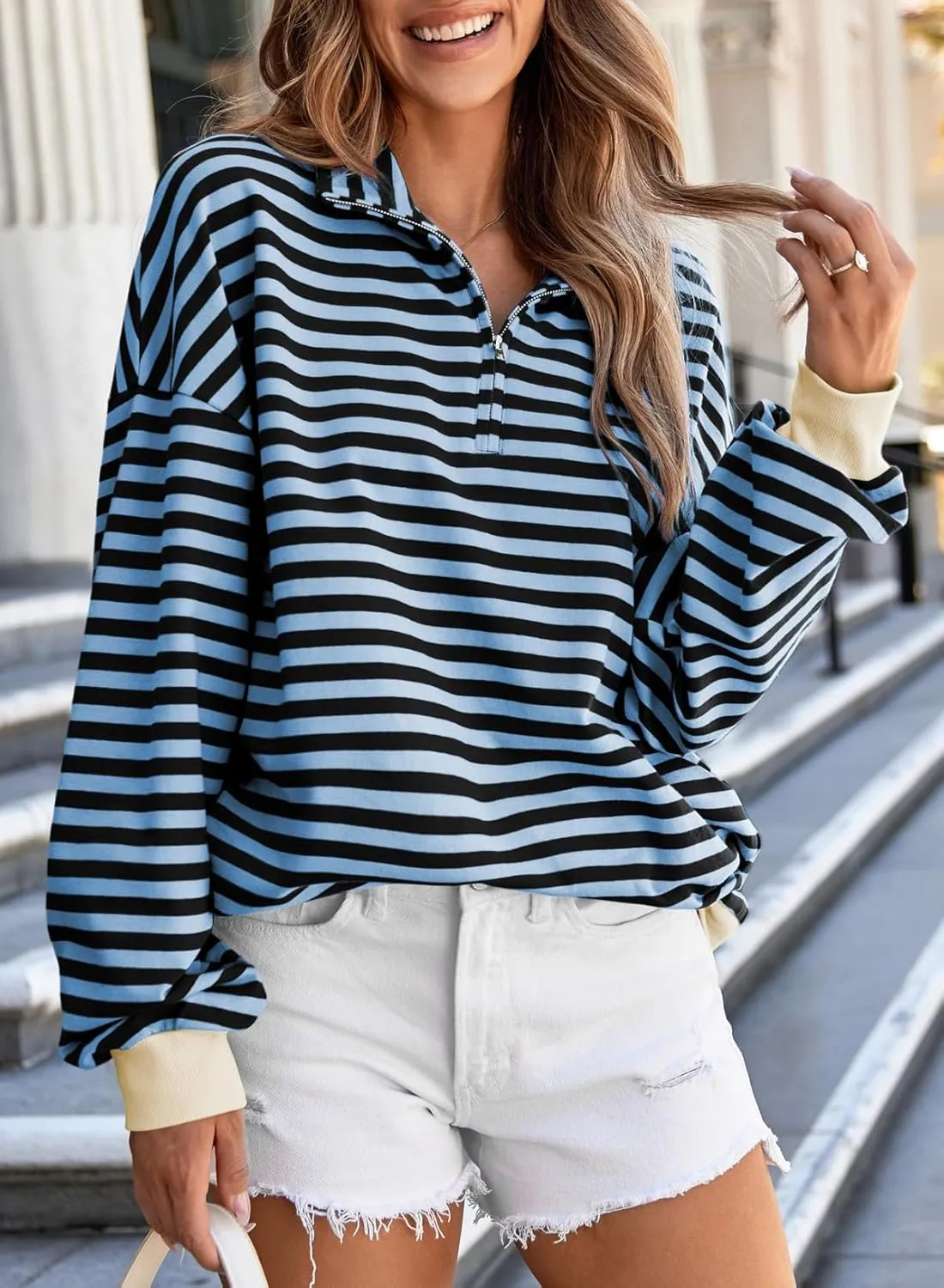 EVALESS Oversized Sweatshirt for Women 2024 Fall Outfits Fashion Long Sleeve Shirts Striped Quarter Zip Pullover Tops