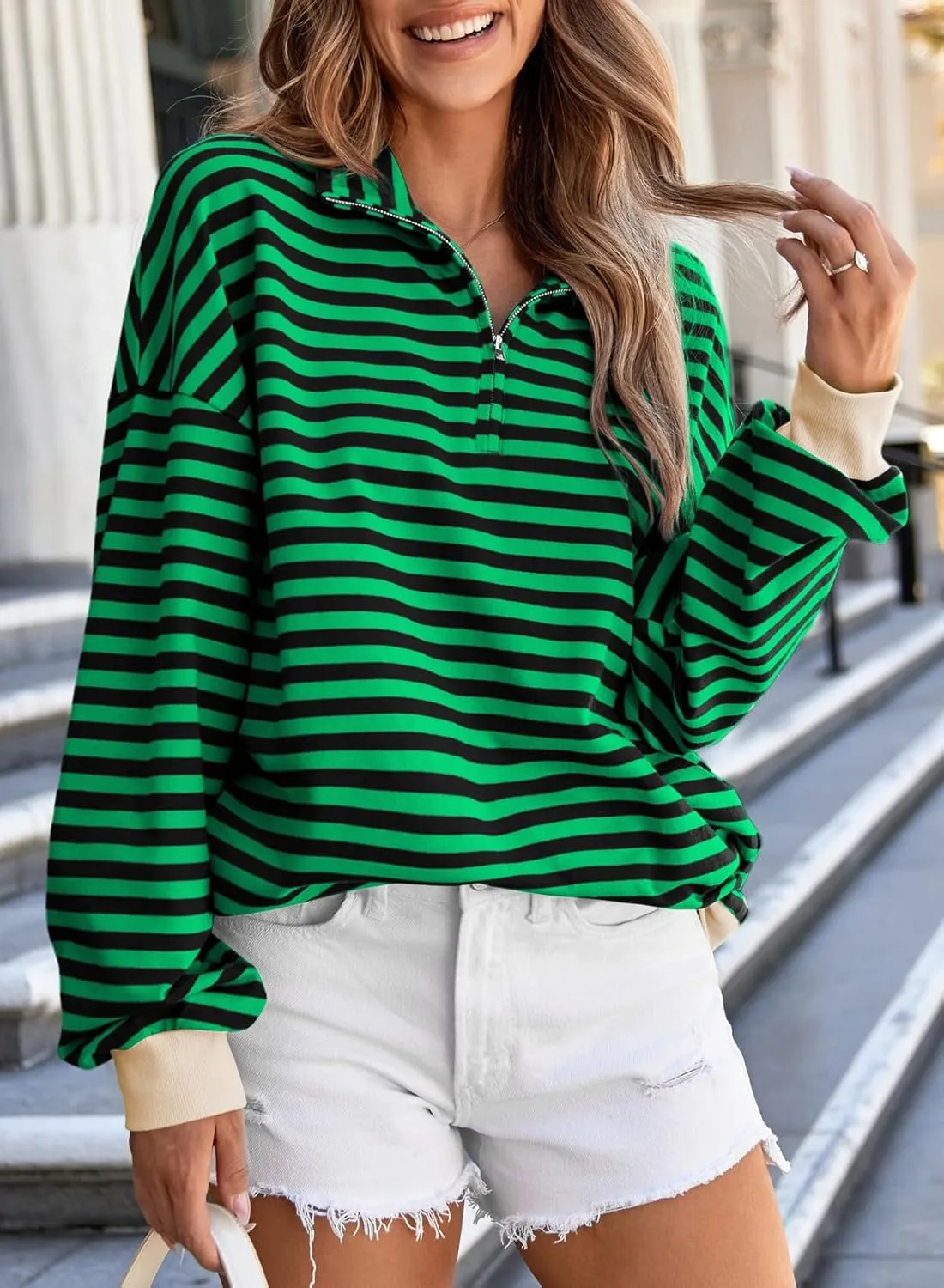 EVALESS Oversized Sweatshirt for Women 2024 Fall Outfits Fashion Long Sleeve Shirts Striped Quarter Zip Pullover Tops