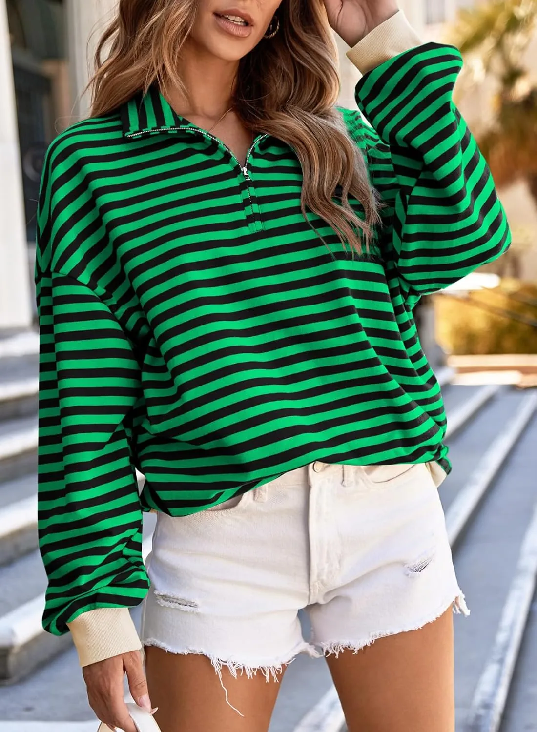 EVALESS Oversized Sweatshirt for Women 2024 Fall Outfits Fashion Long Sleeve Shirts Striped Quarter Zip Pullover Tops