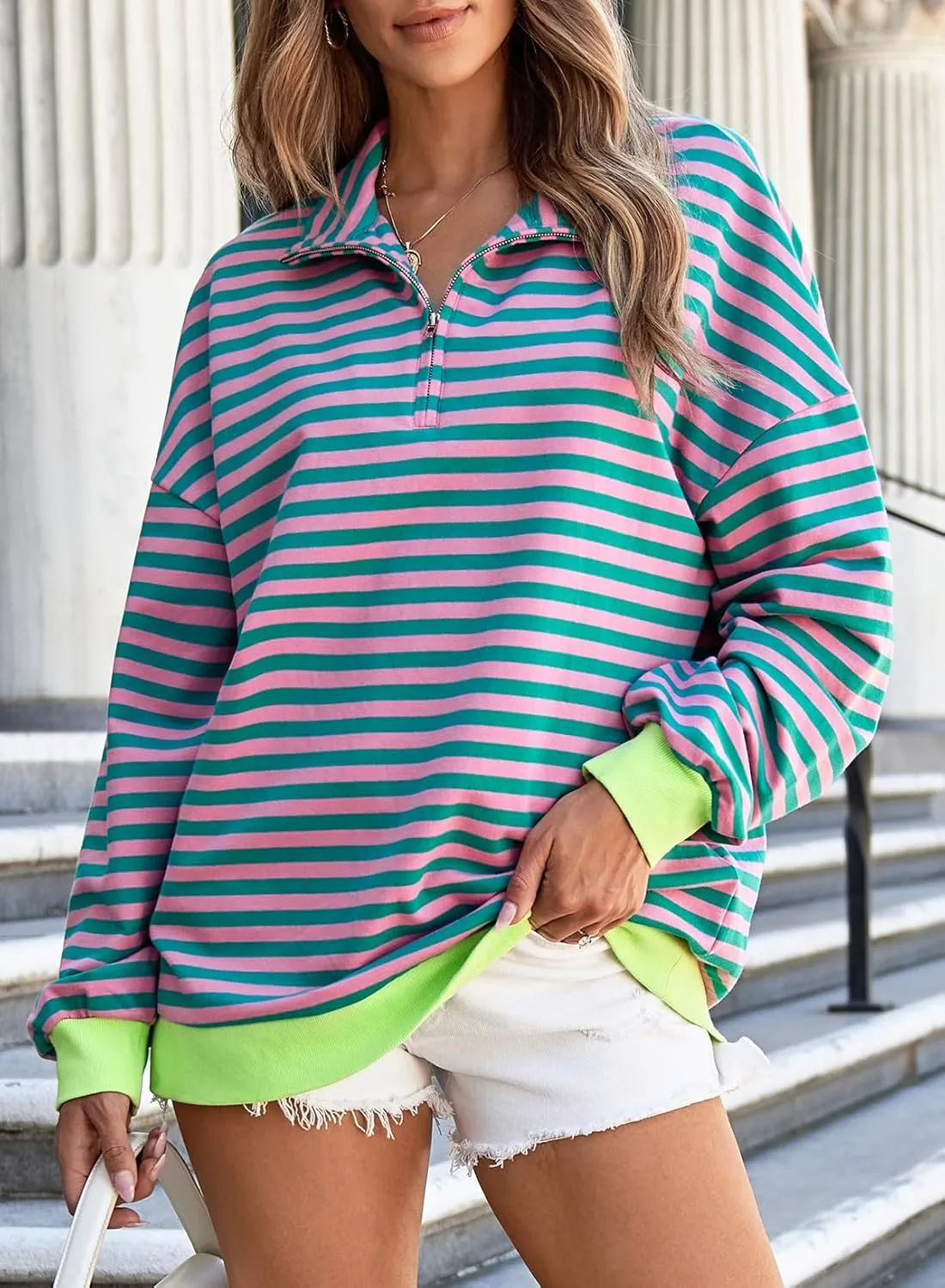 EVALESS Oversized Sweatshirt for Women 2024 Fall Outfits Fashion Long Sleeve Shirts Striped Quarter Zip Pullover Tops