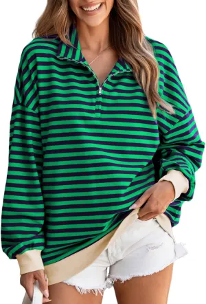 EVALESS Oversized Sweatshirt for Women 2024 Fall Outfits Fashion Long Sleeve Shirts Striped Quarter Zip Pullover Tops