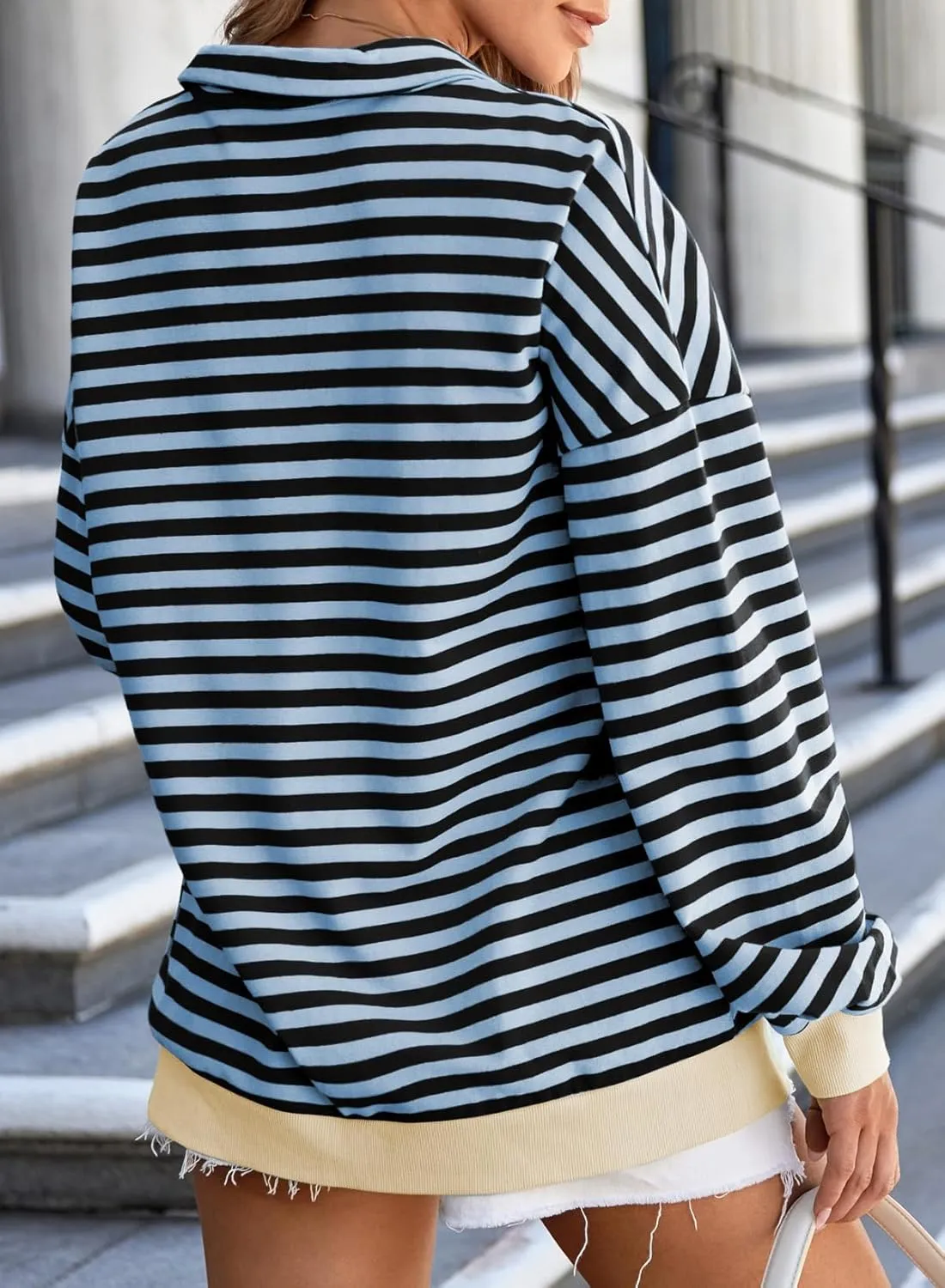 EVALESS Oversized Sweatshirt for Women 2024 Fall Outfits Fashion Long Sleeve Shirts Striped Quarter Zip Pullover Tops