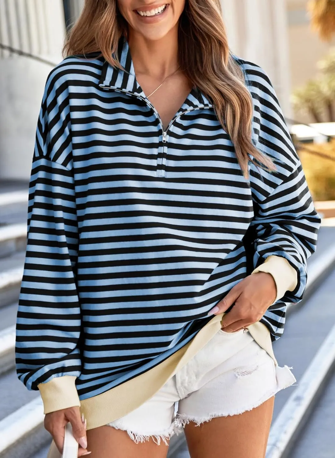 EVALESS Oversized Sweatshirt for Women 2024 Fall Outfits Fashion Long Sleeve Shirts Striped Quarter Zip Pullover Tops