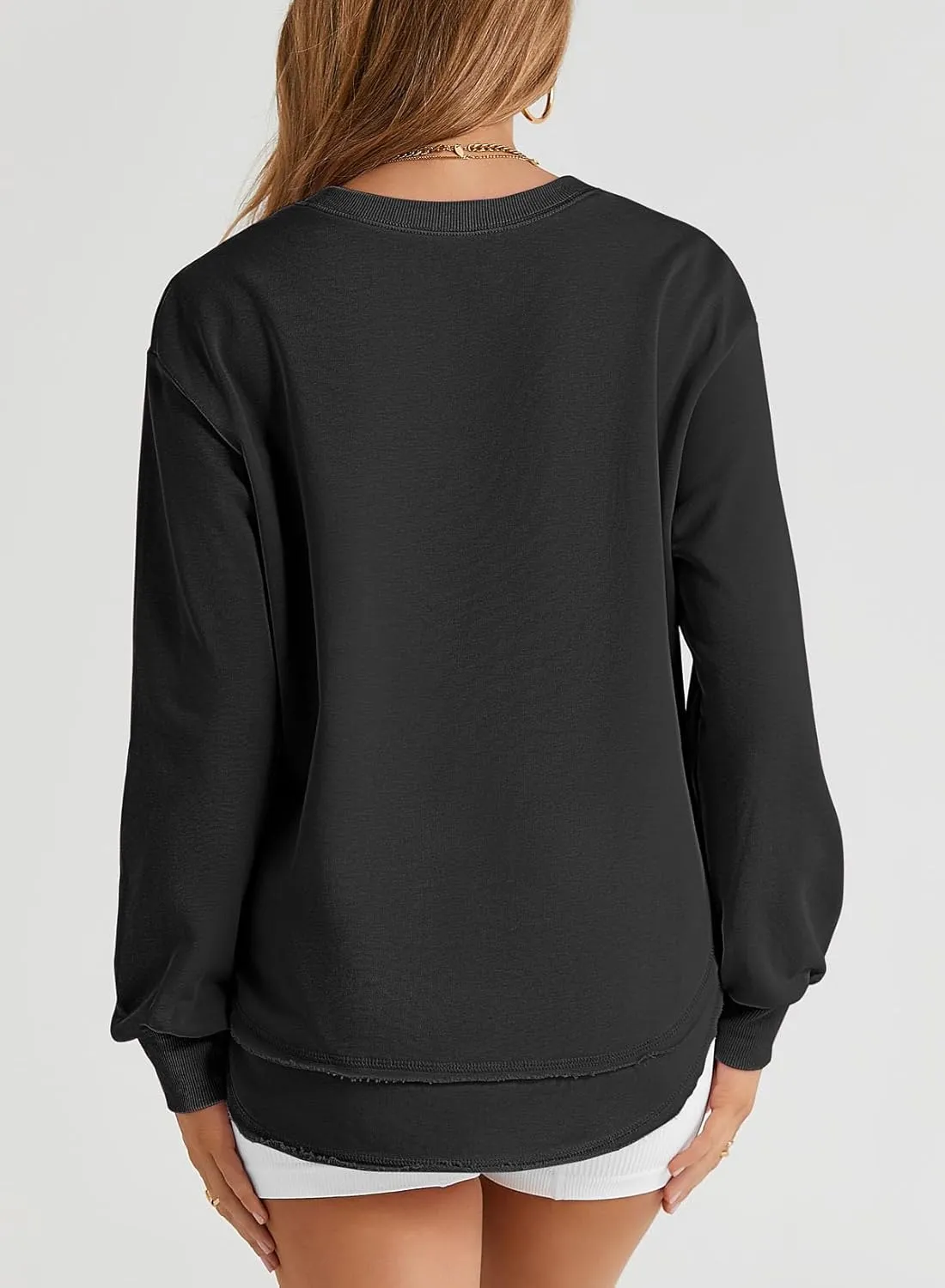 EVALESS Sweatshirt for Women Casual Solid Color Crewneck Long Sleeve Side Split Tops Loose Fit Pullover Shirts