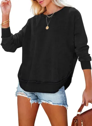 EVALESS Sweatshirt for Women Casual Solid Color Crewneck Long Sleeve Side Split Tops Loose Fit Pullover Shirts