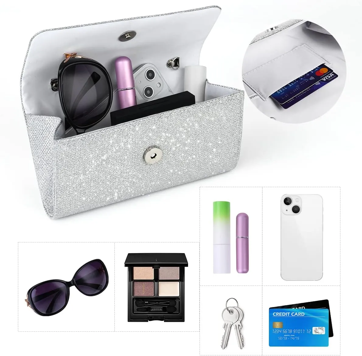 Evening Bag Clutch Purses for Women, Rhinestones Purse, Sparkling Envelope Evening Bag with Detachable Chain