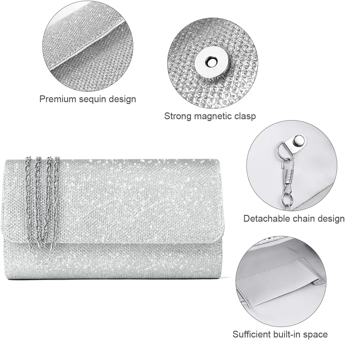 Evening Bag Clutch Purses for Women, Rhinestones Purse, Sparkling Envelope Evening Bag with Detachable Chain