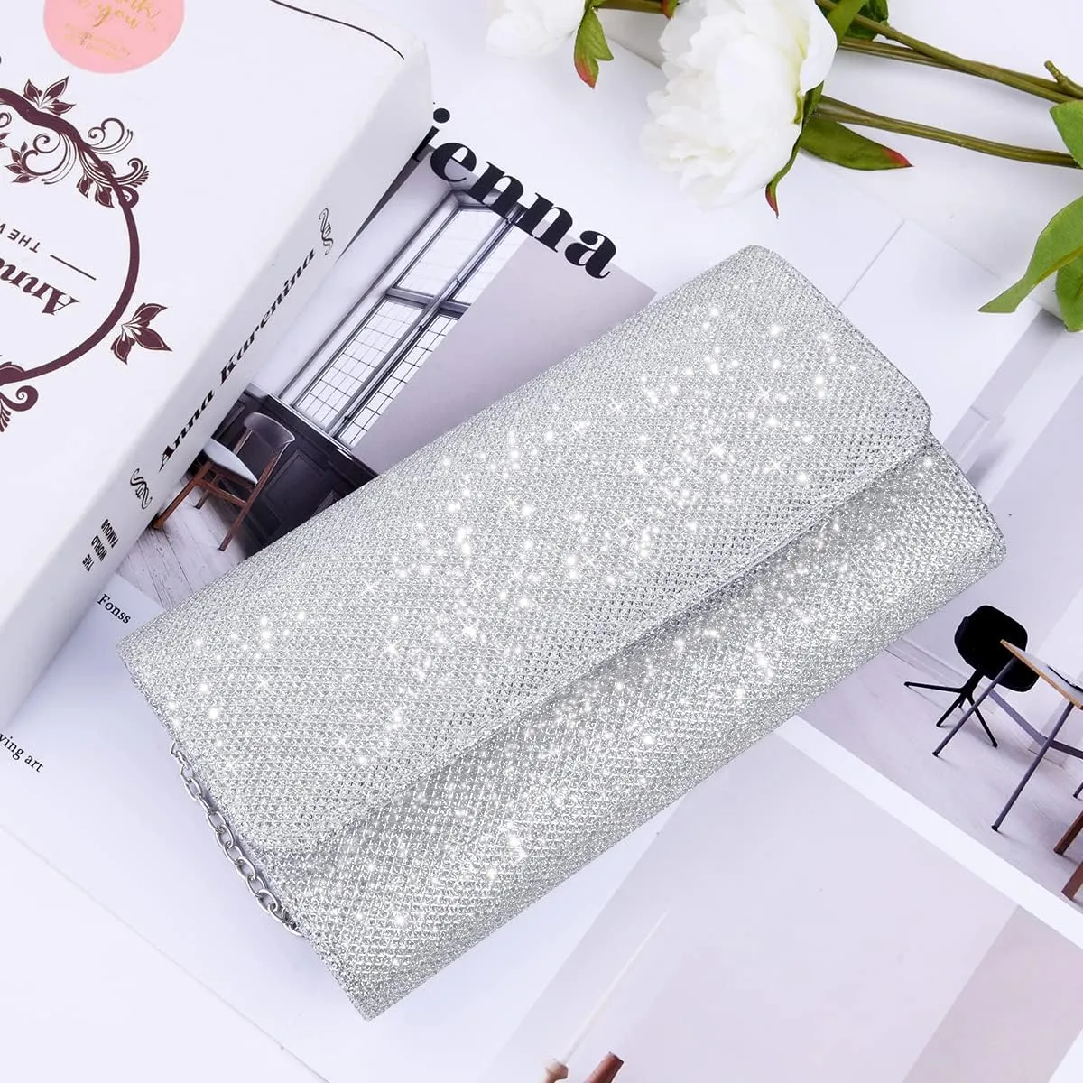 Evening Bag Clutch Purses for Women, Rhinestones Purse, Sparkling Envelope Evening Bag with Detachable Chain