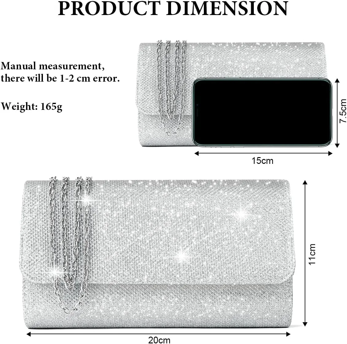Evening Bag Clutch Purses for Women, Rhinestones Purse, Sparkling Envelope Evening Bag with Detachable Chain