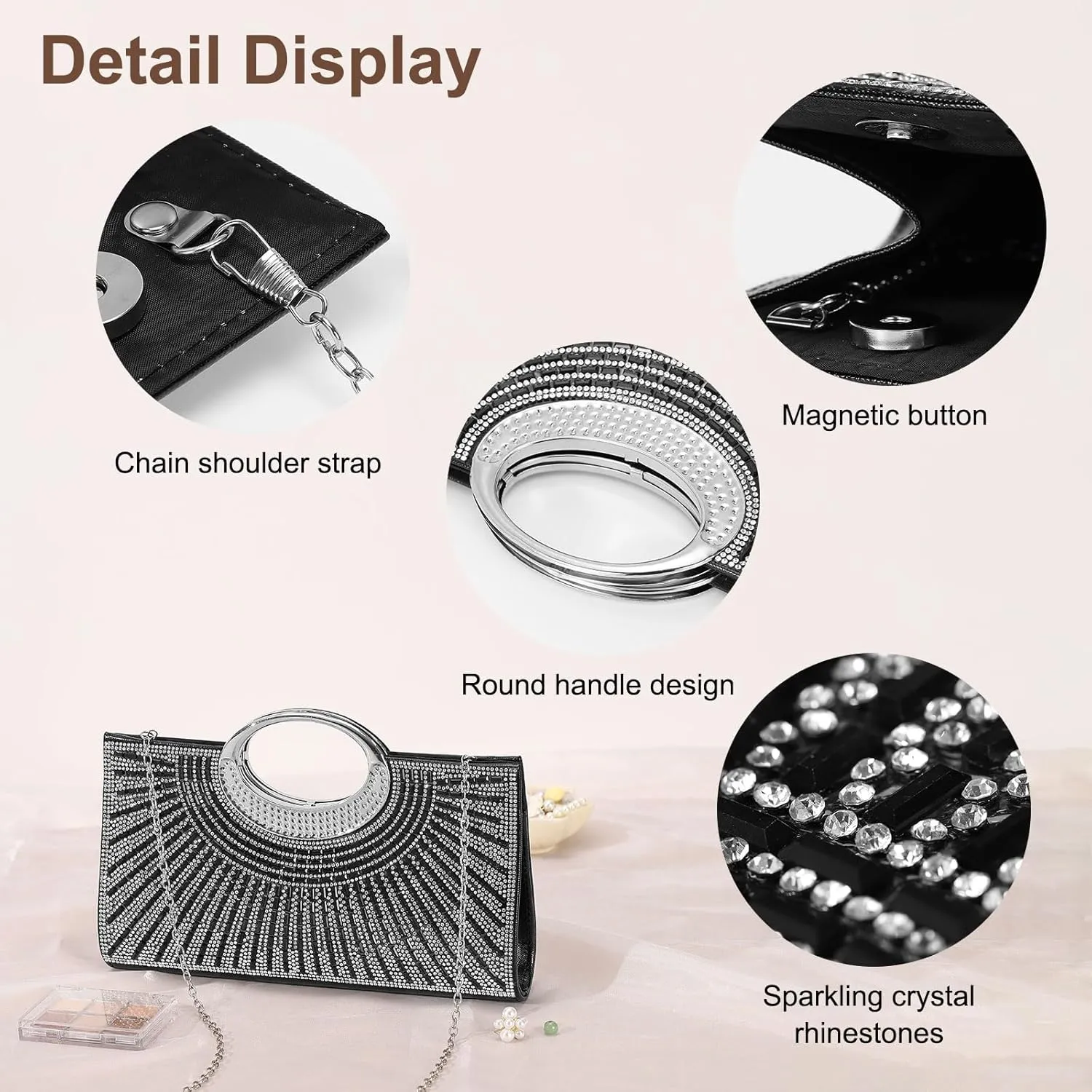 Evening Bags Clutch Purses for Women Formal, Rhinestone Handbags Purse Shoulder Bag with Chain Sparkly for Wedding Guest Party Black