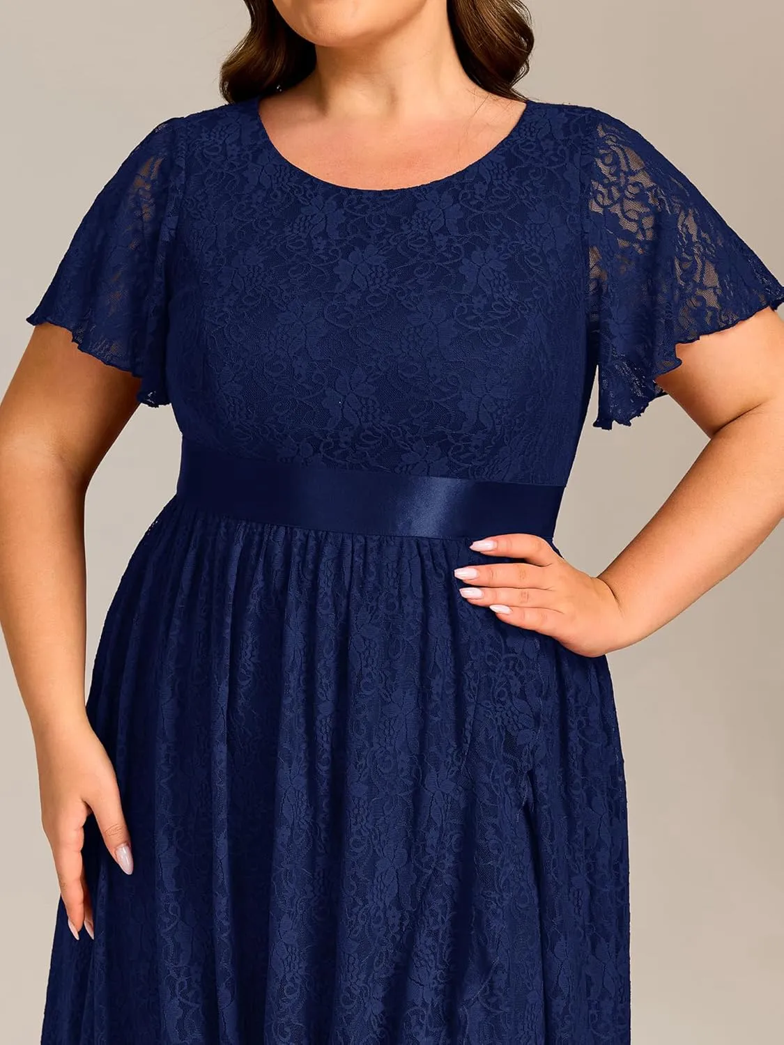 Ever-Pretty Plus Women's Lace Round Neck Short Sleeves High Low Plus Size Midi Cocktail Wedding Guest Dresses