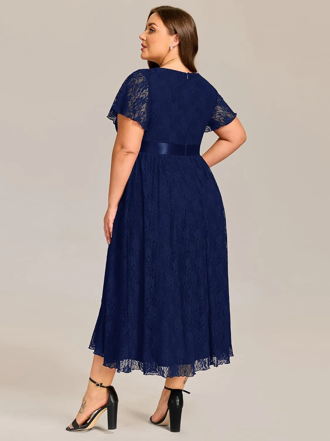 Ever-Pretty Plus Women's Lace Round Neck Short Sleeves High Low Plus Size Midi Cocktail Wedding Guest Dresses