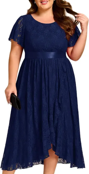 Ever-Pretty Plus Women's Lace Round Neck Short Sleeves High Low Plus Size Midi Cocktail Wedding Guest Dresses