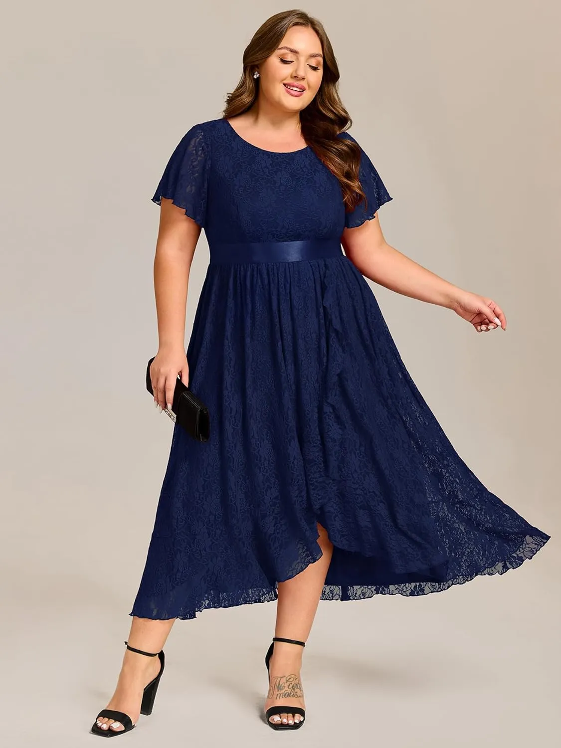 Ever-Pretty Plus Women's Lace Round Neck Short Sleeves High Low Plus Size Midi Cocktail Wedding Guest Dresses