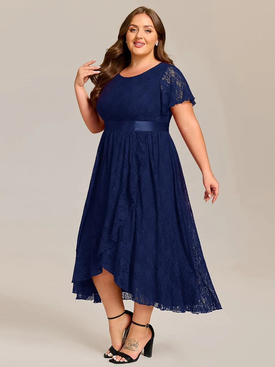 Ever-Pretty Plus Women's Lace Round Neck Short Sleeves High Low Plus Size Midi Cocktail Wedding Guest Dresses
