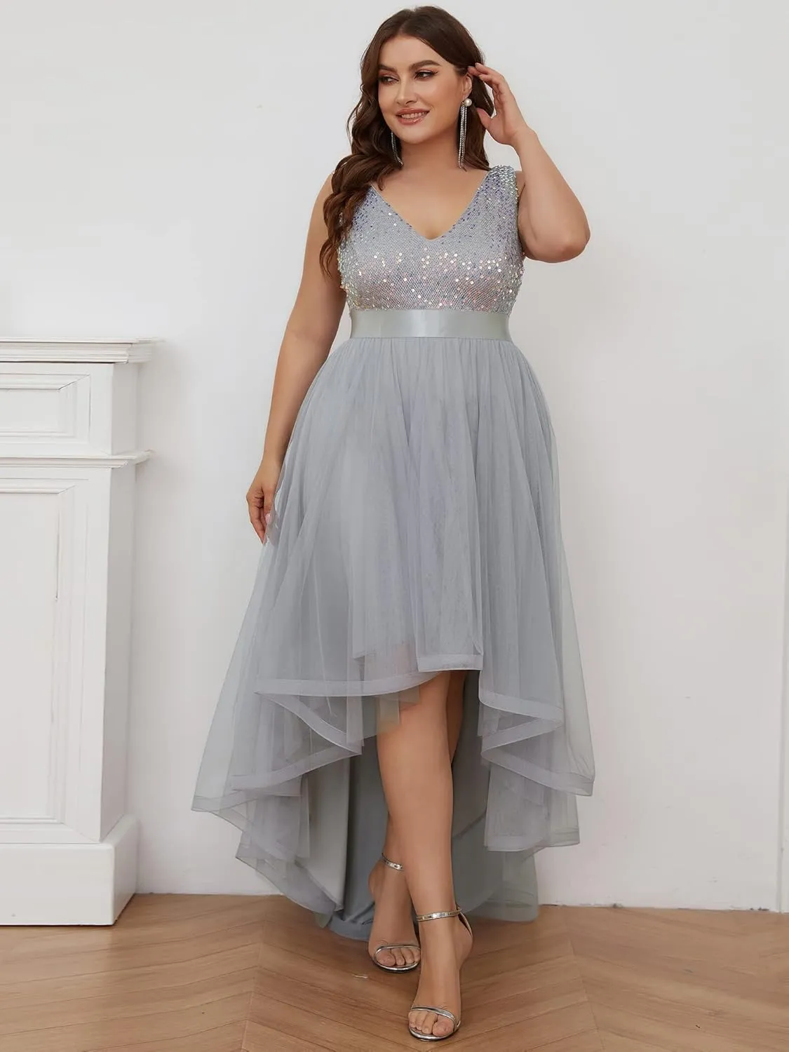 Ever-Pretty Womens Double V Neck A Line High Low Sequin Tulle Plus Size Formal Dresses for Curvy Women 0147A-DA