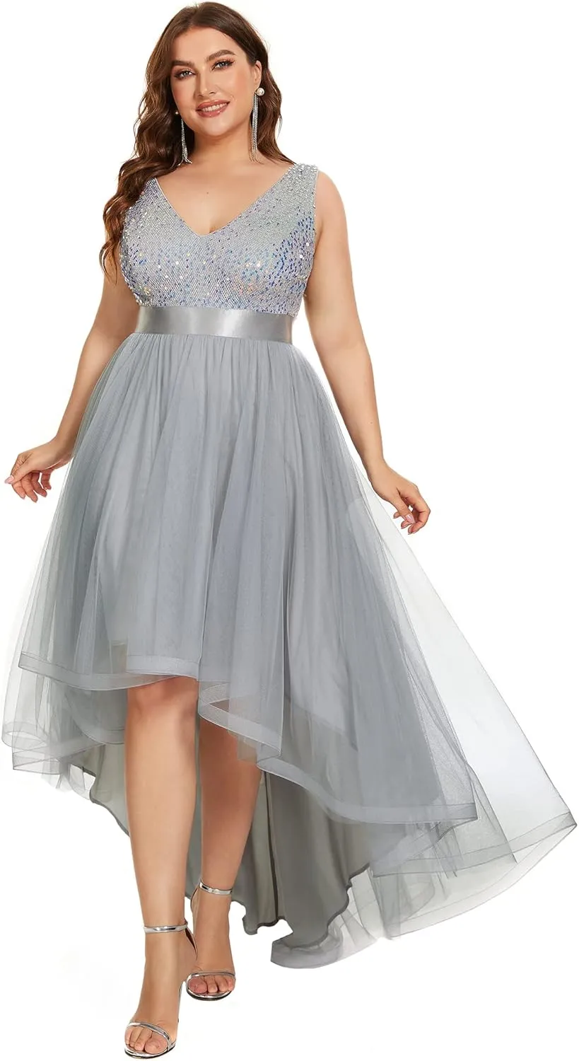Ever-Pretty Womens Double V Neck A Line High Low Sequin Tulle Plus Size Formal Dresses for Curvy Women 0147A-DA