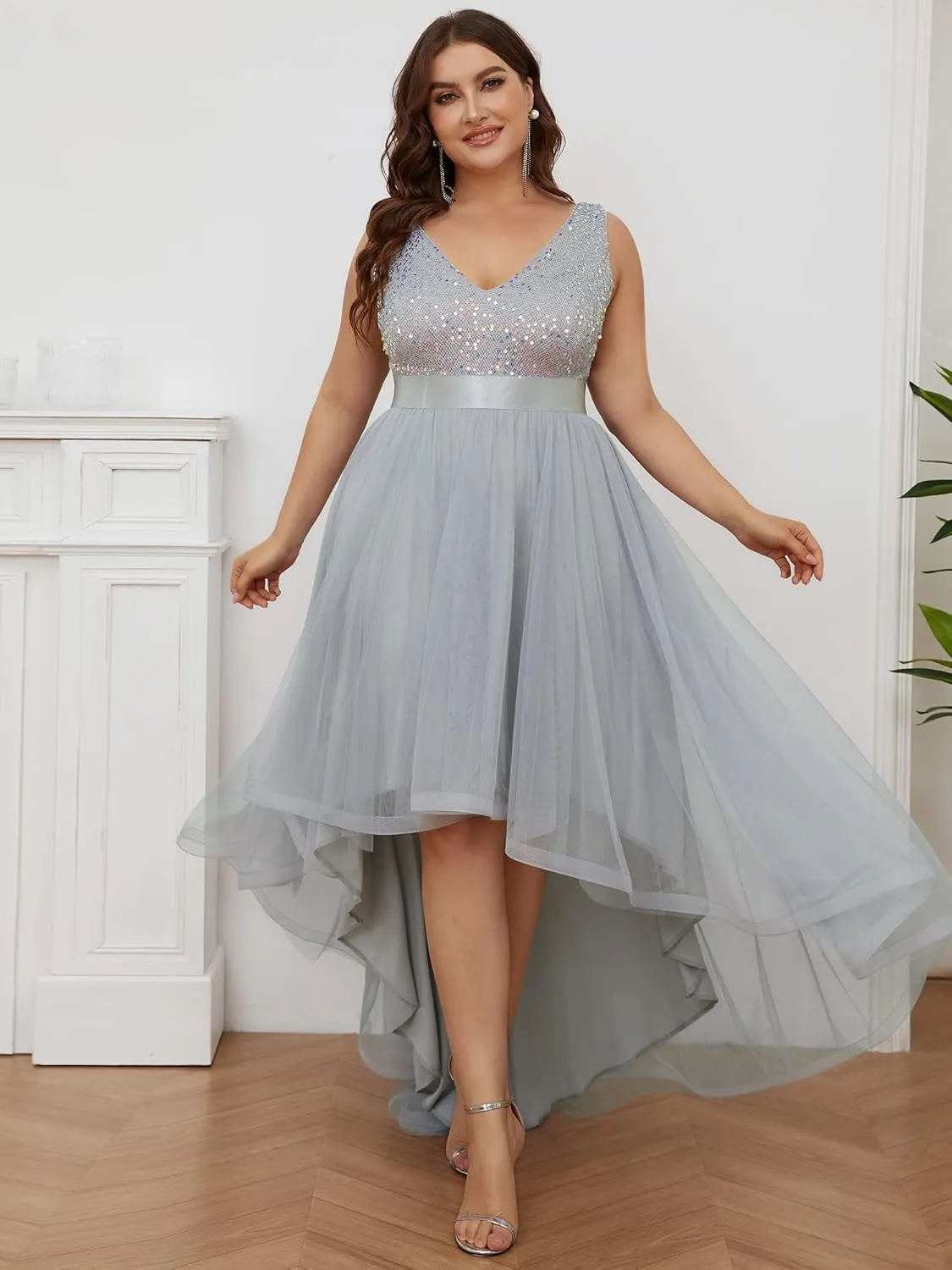 Ever-Pretty Womens Double V Neck A Line High Low Sequin Tulle Plus Size Formal Dresses for Curvy Women 0147A-DA