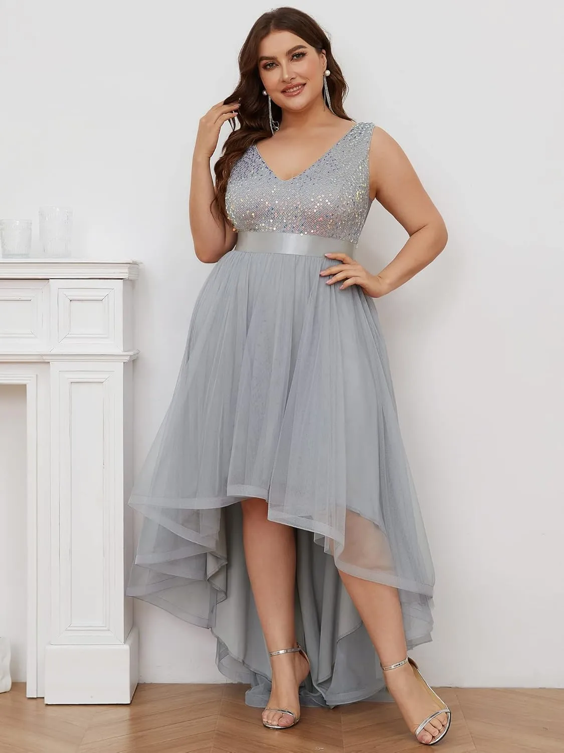 Ever-Pretty Womens Double V Neck A Line High Low Sequin Tulle Plus Size Formal Dresses for Curvy Women 0147A-DA