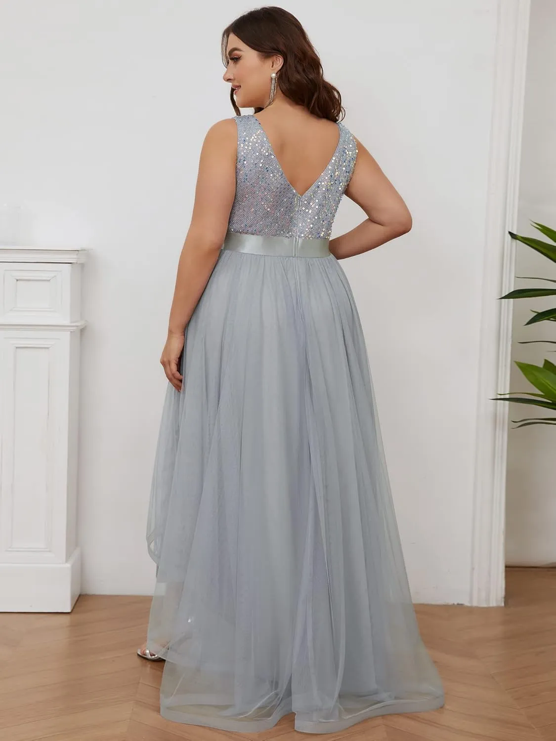 Ever-Pretty Womens Double V Neck A Line High Low Sequin Tulle Plus Size Formal Dresses for Curvy Women 0147A-DA