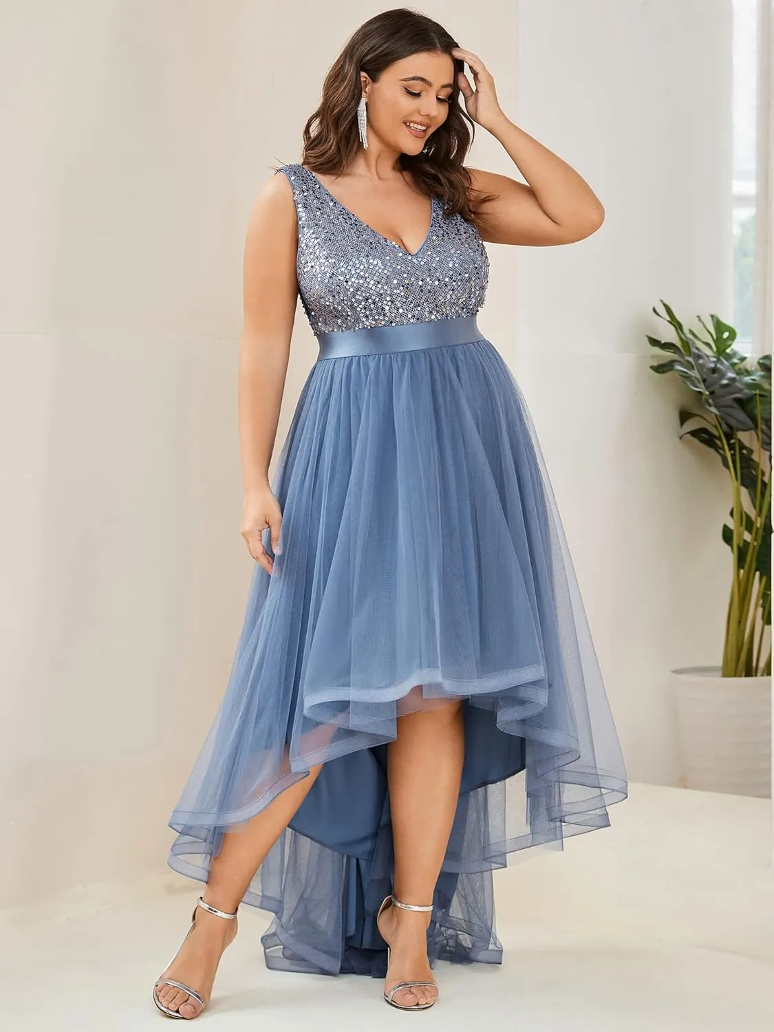 Ever-Pretty Womens Double V Neck A Line High Low Sequin Tulle Plus Size Formal Dresses for Curvy Women 0147A-DA