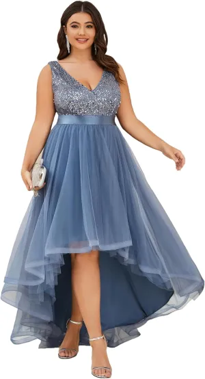 Ever-Pretty Womens Double V Neck A Line High Low Sequin Tulle Plus Size Formal Dresses for Curvy Women 0147A-DA