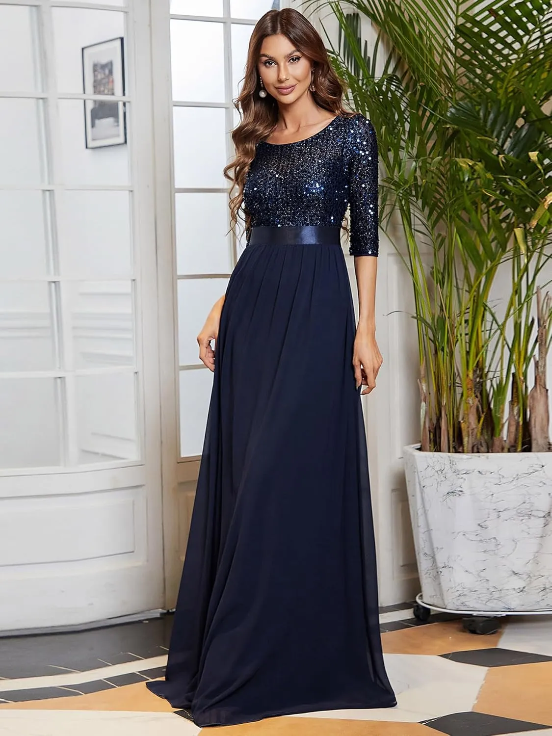 Ever-Pretty Women's Elegant A Line Crew Neck Half Sleeve Sequin Maxi Evening Dress 00683