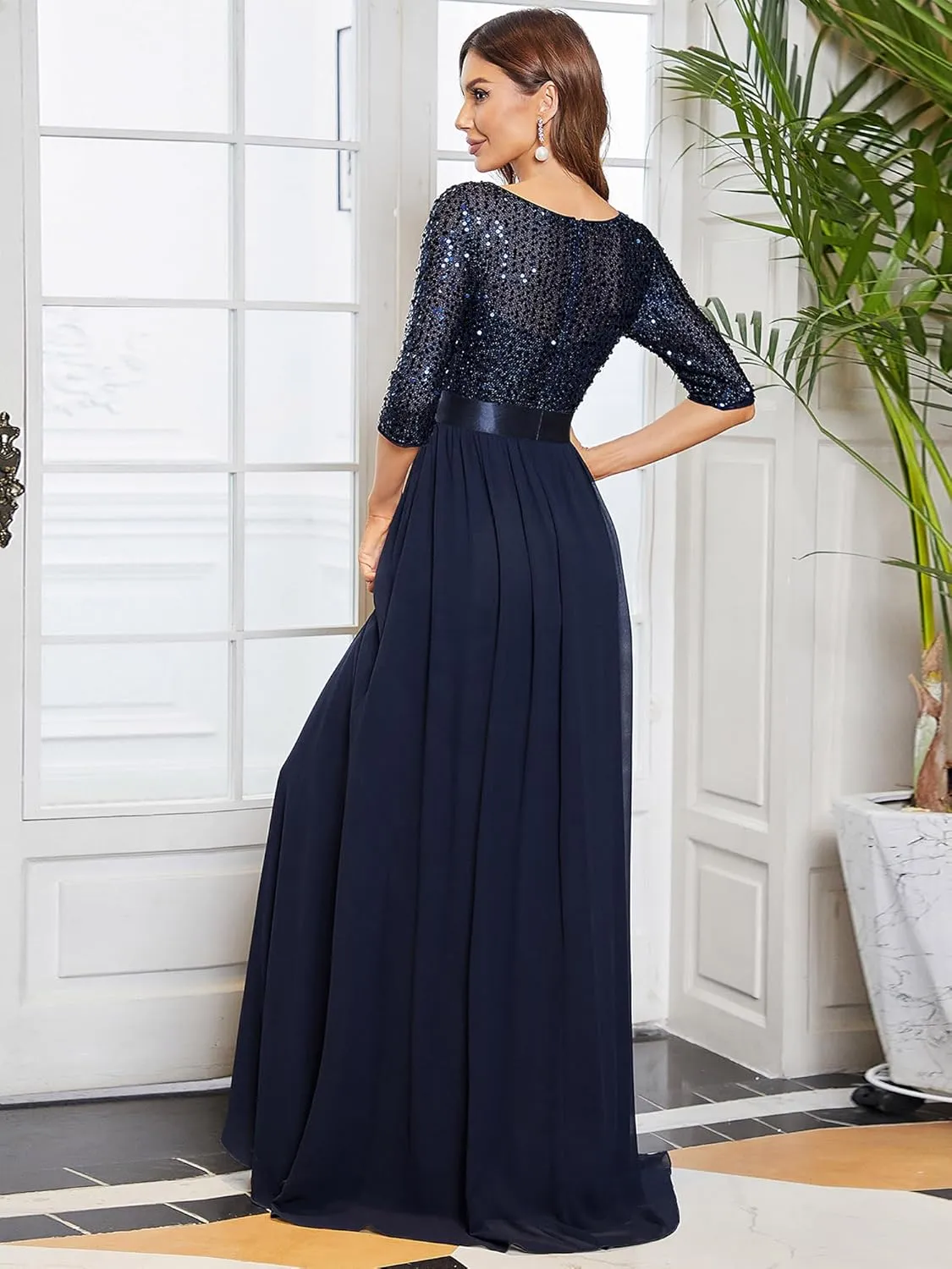 Ever-Pretty Women's Elegant A Line Crew Neck Half Sleeve Sequin Maxi Evening Dress 00683