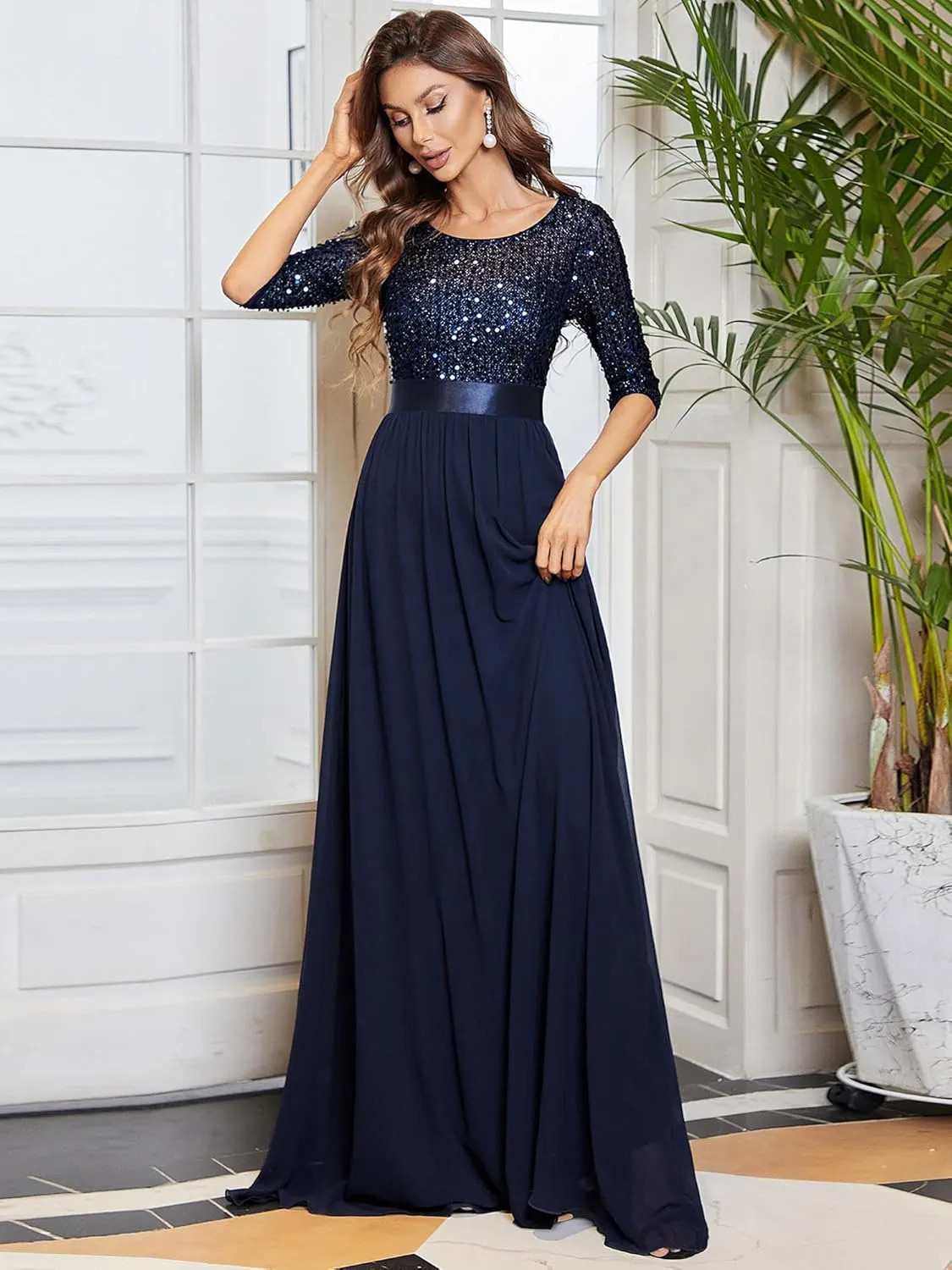 Ever-Pretty Women's Elegant A Line Crew Neck Half Sleeve Sequin Maxi Evening Dress 00683