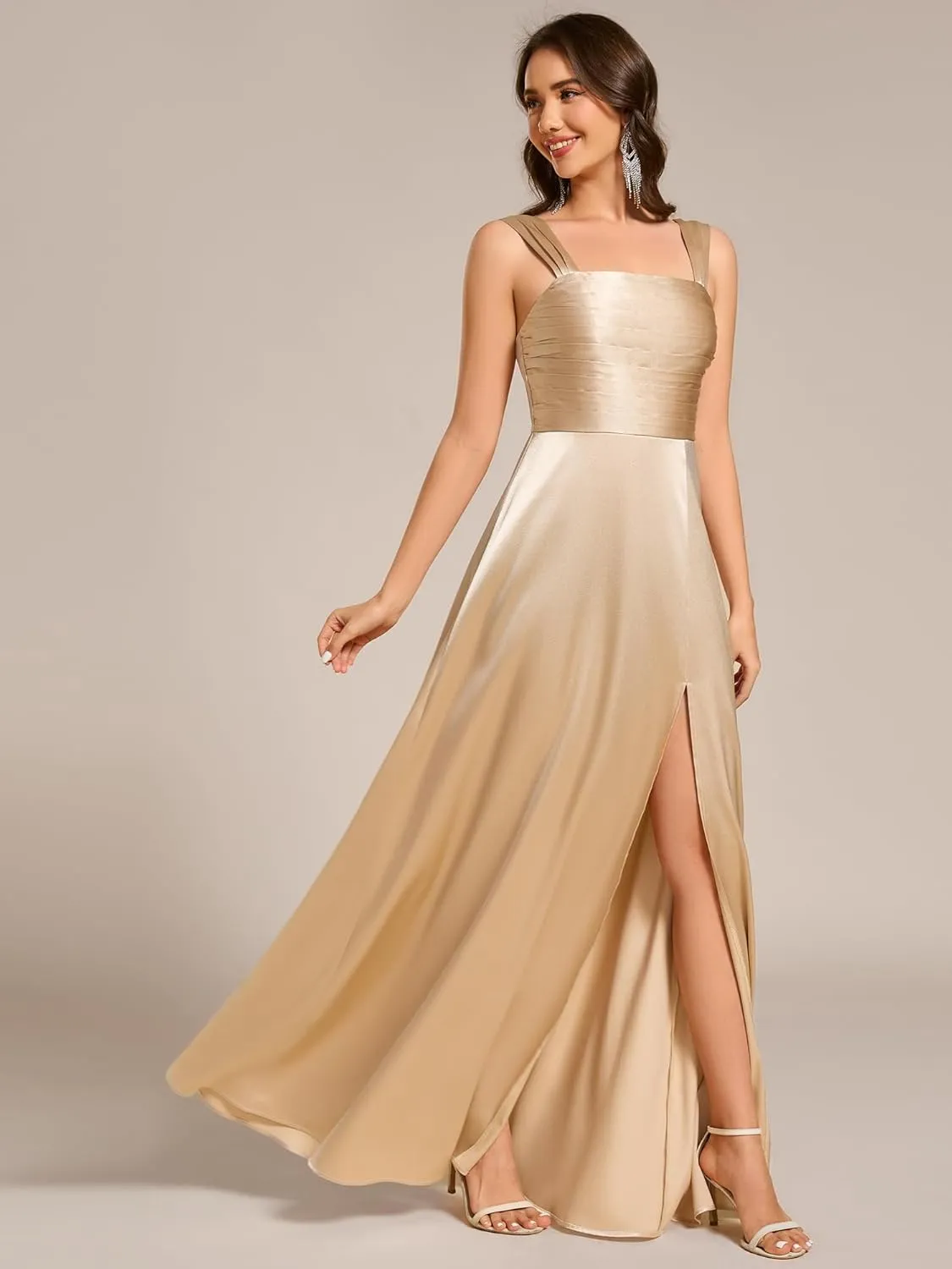 Ever-Pretty Women's Floor Length Split Satin Square Neck A Line Sleeveless Bridesmaid Dress 02330
