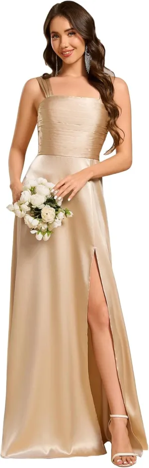 Ever-Pretty Women's Floor Length Split Satin Square Neck A Line Sleeveless Bridesmaid Dress 02330