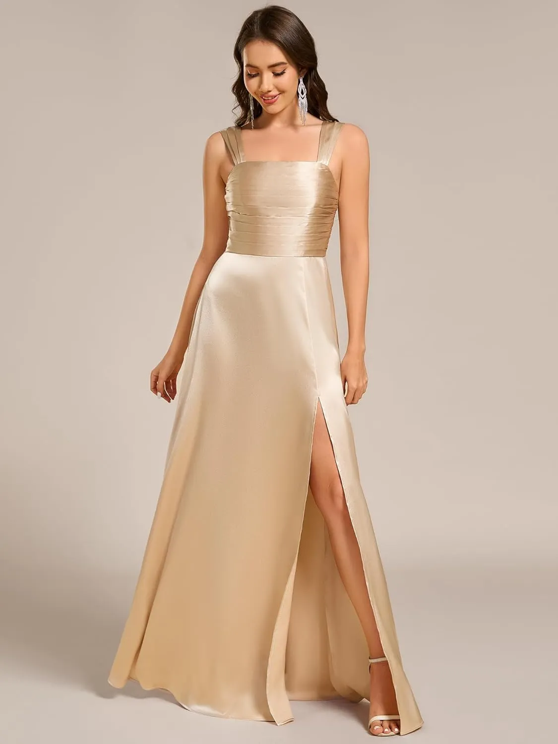 Ever-Pretty Women's Floor Length Split Satin Square Neck A Line Sleeveless Bridesmaid Dress 02330