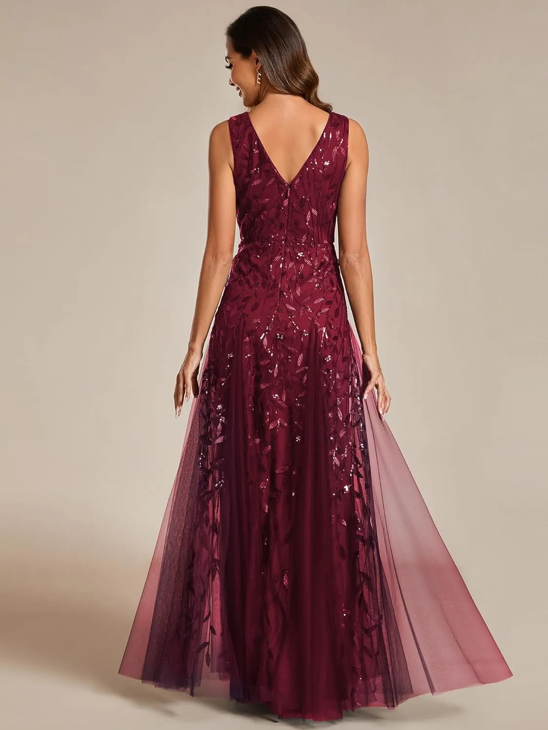 Ever-Pretty Women's Prom Dresses V Neck Sleeveless Tulle Hem A-Line Sequins Maxi Ball Gowns 02130