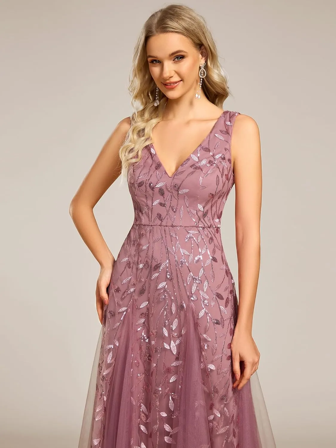 Ever-Pretty Women's Prom Dresses V Neck Sleeveless Tulle Hem A-Line Sequins Maxi Ball Gowns 02130