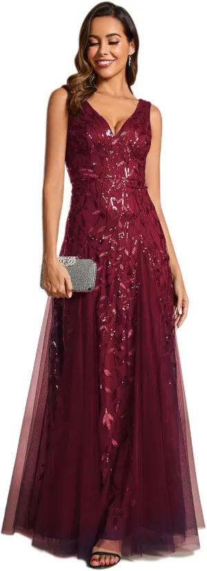 Ever-Pretty Women's Prom Dresses V Neck Sleeveless Tulle Hem A-Line Sequins Maxi Ball Gowns 02130