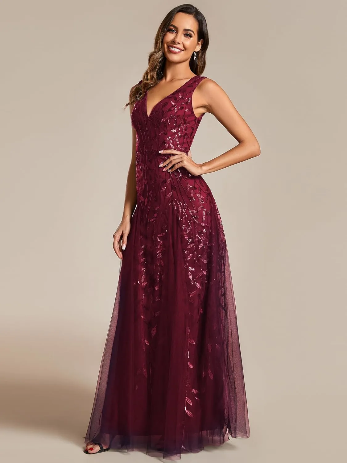 Ever-Pretty Women's Prom Dresses V Neck Sleeveless Tulle Hem A-Line Sequins Maxi Ball Gowns 02130