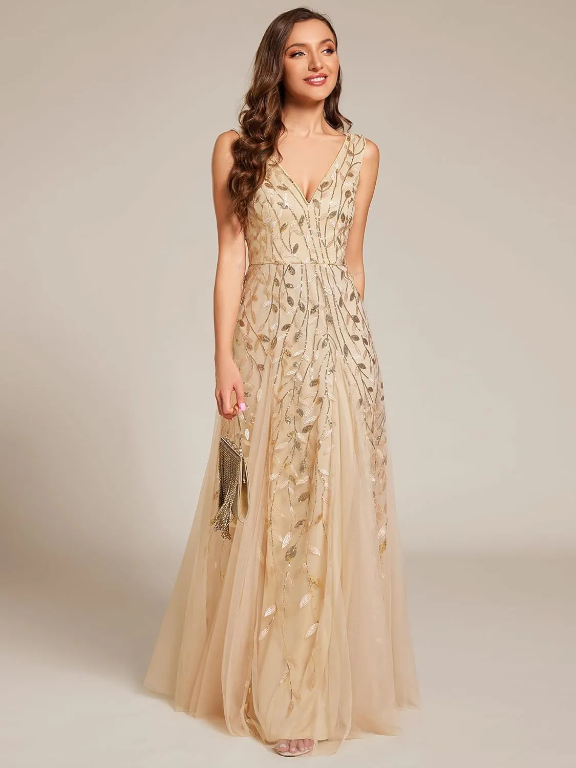 Ever-Pretty Women's Prom Dresses V Neck Sleeveless Tulle Hem A-Line Sequins Maxi Ball Gowns 02130