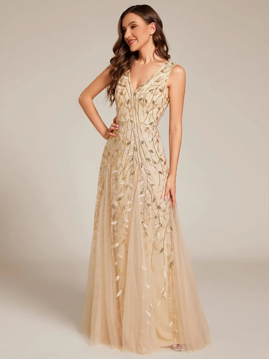 Ever-Pretty Women's Prom Dresses V Neck Sleeveless Tulle Hem A-Line Sequins Maxi Ball Gowns 02130