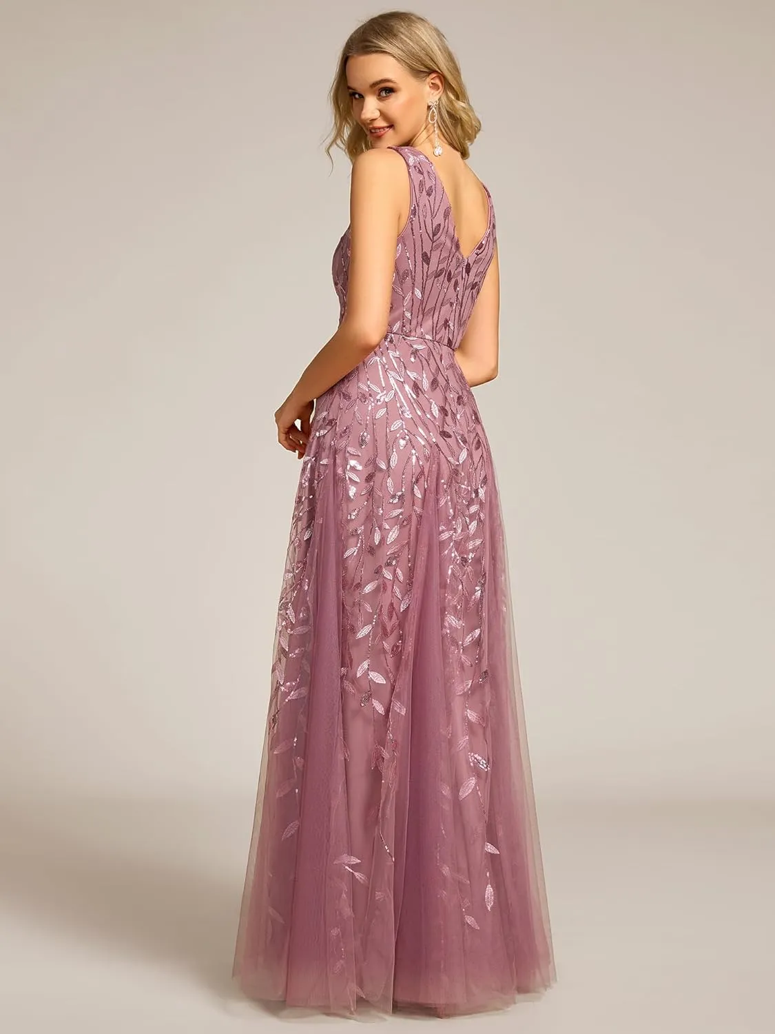 Ever-Pretty Women's Prom Dresses V Neck Sleeveless Tulle Hem A-Line Sequins Maxi Ball Gowns 02130