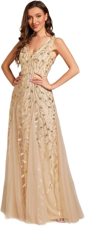 Ever-Pretty Women's Prom Dresses V Neck Sleeveless Tulle Hem A-Line Sequins Maxi Ball Gowns 02130